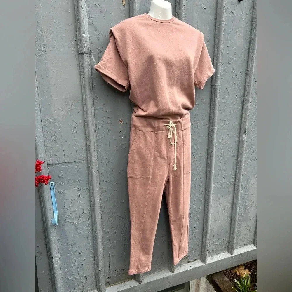 Pistola Clarisse French  Terry Shoulder Pleat Jumpsuit in Cameo Pink, size XS - Picture 8 of 14